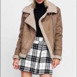 Zara Faux Suede Vegan Shearling Moto Biker Aviator Jacket Coat L